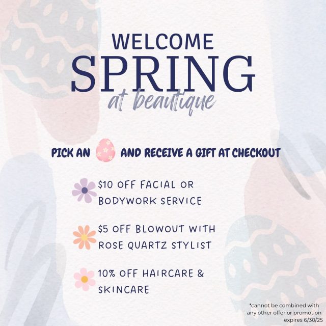 This month come in and choose a golden egg with one of three special promotions for you to treat yourself! 

$10 off a Facial or Bodywork service
$5 off a Blowdry with Alicia 
10% off all Haircare and skincare 

This is a perfect opportunity to try a service you don’t normally come in for or get a special price for a Beautique Glow up ✨

#BedminsterDeals #NJSpecials #ShopLocalNJ #BeautiquePromo #njblowout #njfacials #njmassage #haleandhush #lira #oribe #colorwow