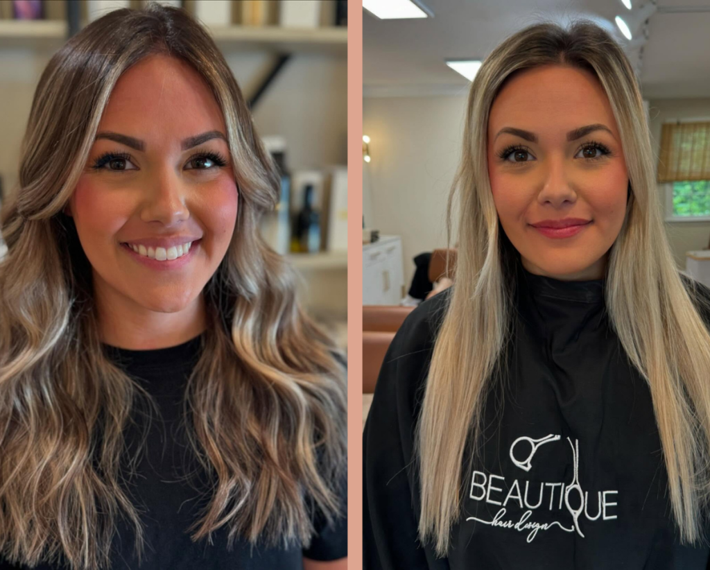 Client receiving expert Bedminster color correction at Beautique Hair Design, where professional colorists specialize in hair color repair and salon color fix.