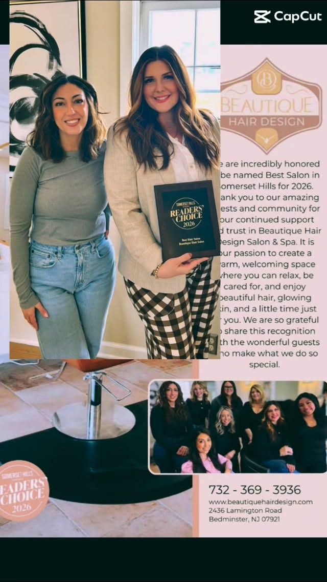 ✨ TWO YEARS IN A ROW ✨

We are so honored to share that Beautique Hair Design & Spa has been voted Best Hair Salon in Somerset Hills for the 2nd year in a row! 🏆

To our amazing clients — thank you for trusting us with your hair, your self-care, and your special moments. Your love and support mean everything to our team.

As we head into our 9th year in business, we feel incredibly blessed to serve such an amazing community. This award belongs to all of you. 🤍

Cheers to beautiful hair, confidence, and many more years together!

✨ If you’ve been in our chair, drop a ❤️ in the comments!

#BestOfSomersetHills #BeautiqueHairDesign #SalonLife #BestSalon #SupportLocal SalonCommunity